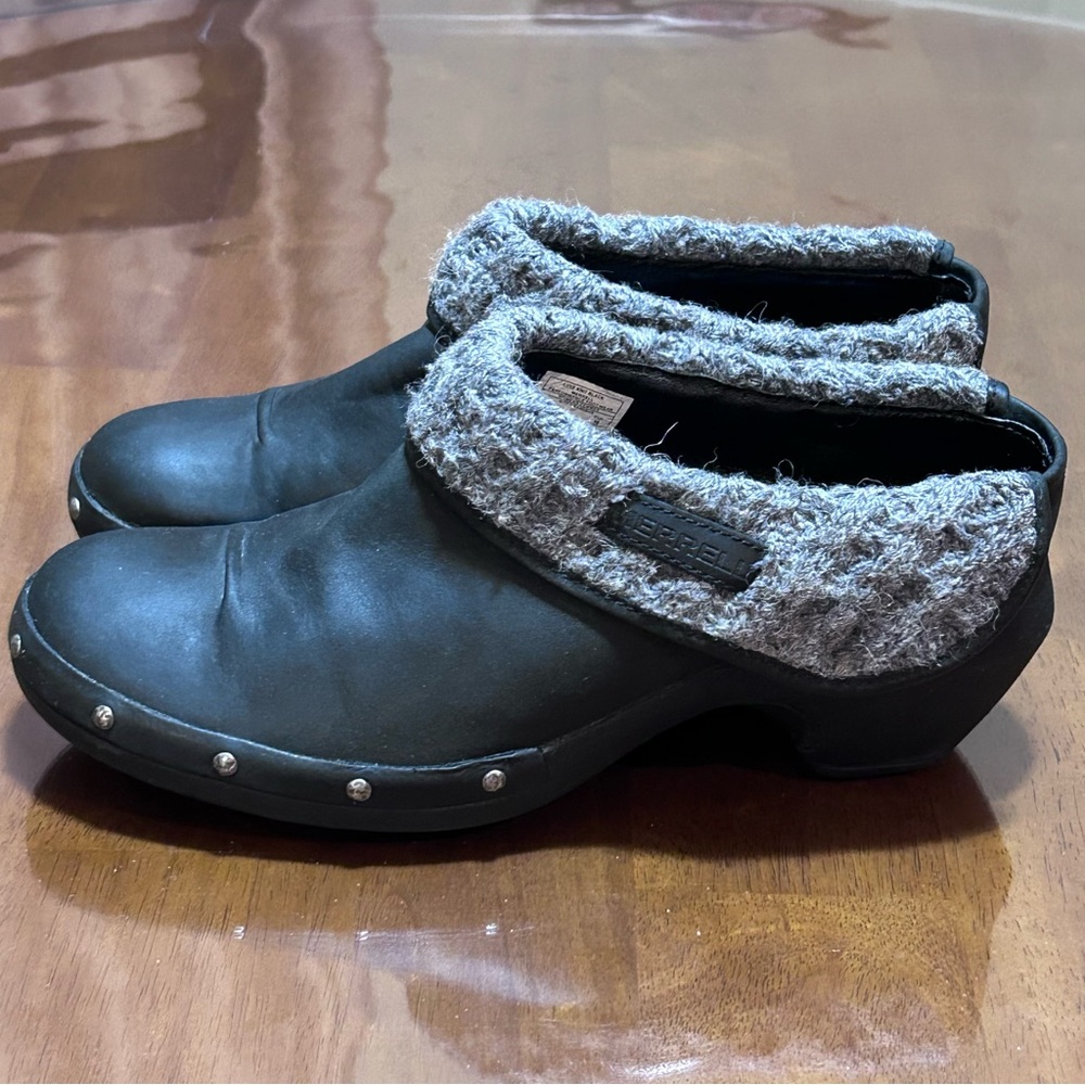 Merrell Shoes Womens 8.5 Luxe Knit Slip On Black Leather Mules Clogs J68668 Heel